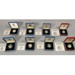 Eight one pound proof coins - Royal Mint, cased sterling silver, 9.5 grams, 2 x 1983, 2 x 1984, 2