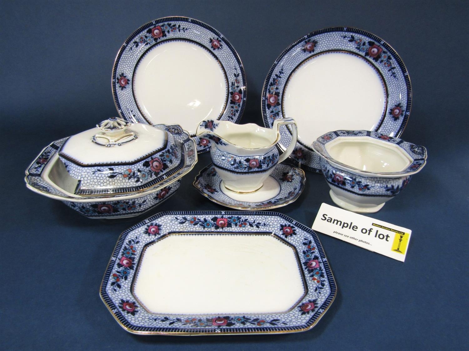 A collection of Burleigh dinnerwares with printed and infilled floral border decoration comprising