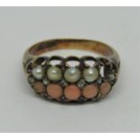 Antique 15ct ring set with coral, pearls and rose cut diamonds, size N, 4.2g (one pearl vacant)