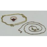 Group of 9ct jewellery comprising a rubelite ring, size H/I and two fine link necklaces (one af),