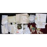 Collection of mixed textiles including a silk baby gown with extensive hand made lace insert