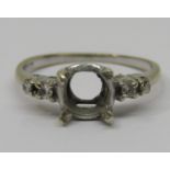 18ct white gold ring with diamond set shoulders, size K/L, 2.4g (setting vacant)