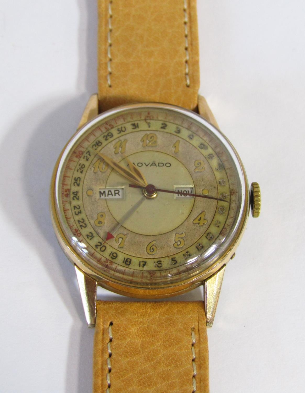 Good 1950s Movado triple date pointer calendograph gents wristwatch, the textured dial with gilt - Image 7 of 7