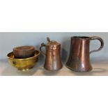 Two old English copper vessels, one with hinged cover, circular cast brass bowl and treen mortar