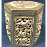 Interesting Eastern white metal hexagonal box, the hinged lid centrally fitted with engraved