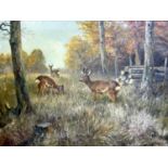R Scholz (20th century continental school) - Woodland clearing with grazing deer, oil on canvas,