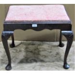 A Queen Anne style dressing stool of rectangular form with drop-in upholstered seat raised on