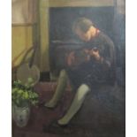 Early 20th century British school - Full length study of a seated child playing a small stringed