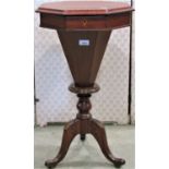A Victorian mahogany trumpet shaped workbox of octagonal form with hinged lid and segmented lined