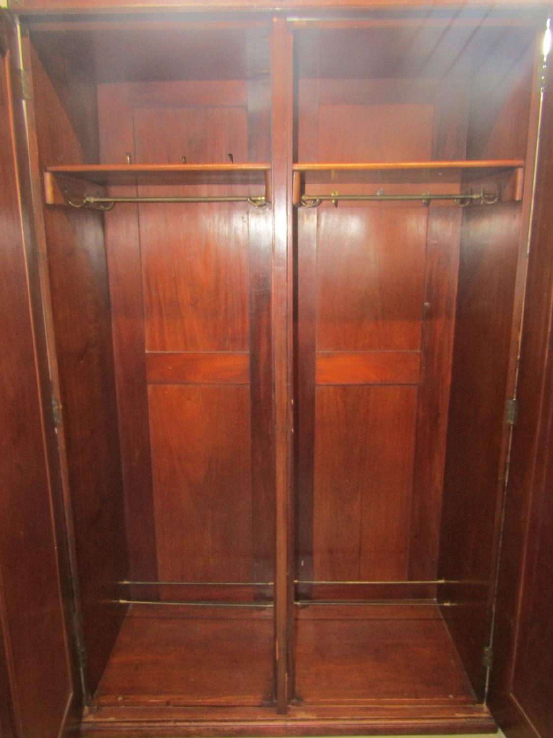 A late Victorian mahogany wardrobe enclosed by a pair of full length rectangular and arched - Image 2 of 2