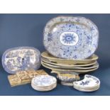 A collection of 19th century blue and white printed meat plates including two examples with wells (