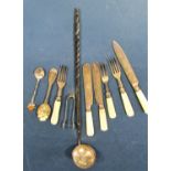 Mixed collection of silver flatware comprising three pairs of pearl handled silver knives and forks,