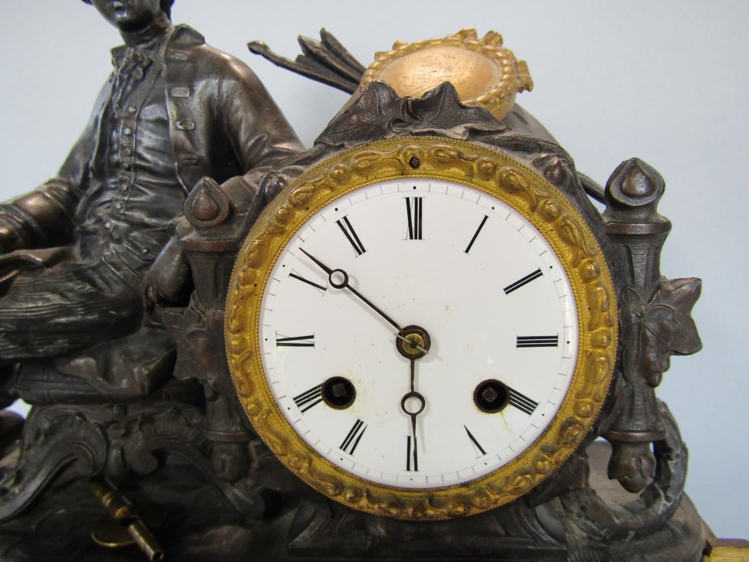 19th century French mantel clock in the romantic style, the eight day sticking movement surmounted - Image 2 of 5