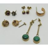 Pair of yellow metal malachite drop earrings, together with a pair of 9ct ruby stud earrings and a
