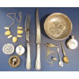 Mixed bijouterie lot comprising a pair of silver handled carving knife and fork, the fork mounted by