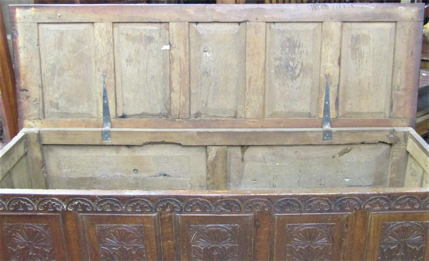 A substantial Georgian oak coffer with repeating geometric detail, within a panelled framework, - Image 4 of 7