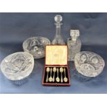 Collection of star-cut cut glassware comprising two bowls and a square cut decanter together with