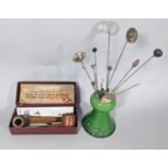 Twiga leather cased tobacconist pipes in a Dunhill box and a ceramic thistle shaped hat stand