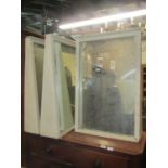 Three vintage painted pine framed wedge shaped shop mirrors with rectangular plates, 55 cm wide x 19