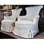 A pair of 19th century drawing room/bedroom chairs with swept and scrolled frame and repeating cream