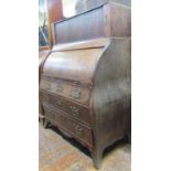 19th century Dutch mahogany bombe shaped bureau, fitted with three long drawers, with cylinder top