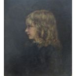 19th century school, bust length profile portrait of a girl with fair coloured ringlets and a blue