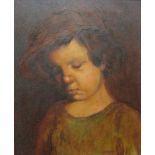 Attributed to Ken Moroney (British B.1949) - Bust length study of a child in a brown cap, oil on