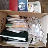 Two crates of stamps in envelopes, albums, kiloware etc