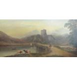 Henry Harris (British 1852-1926) Raglan Castle - extensive landscape with cattle watering, figures