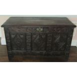 18th century carved oak coffer with adapted fall front