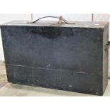 A vintage portable wooden carpenters tool chest and contents including various chisels, saws,