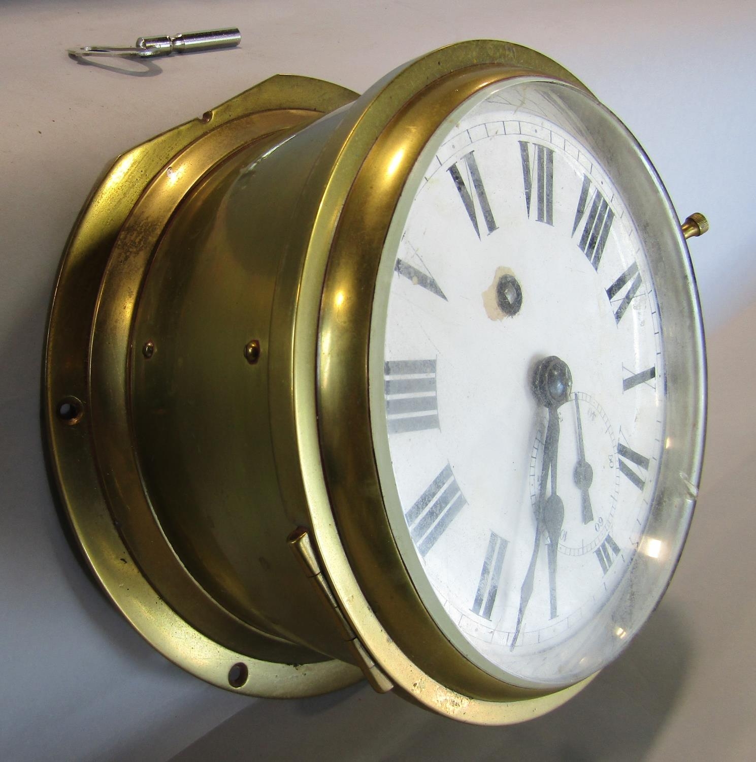 An eight day English bulkhead clock with brass casework, with fusee and chain and lever escapement - Image 2 of 5