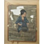 A 19th century oriental school watercolour on silk of a young woman spinning silk thread, signed