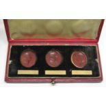 Interesting set of three yellow metal intaglio-cut carnelian swivel fobs, depicting Viscountess