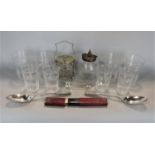 Seven Edinburgh crystal glasses with trailing detail, jam pot with plated mount, razor and silver