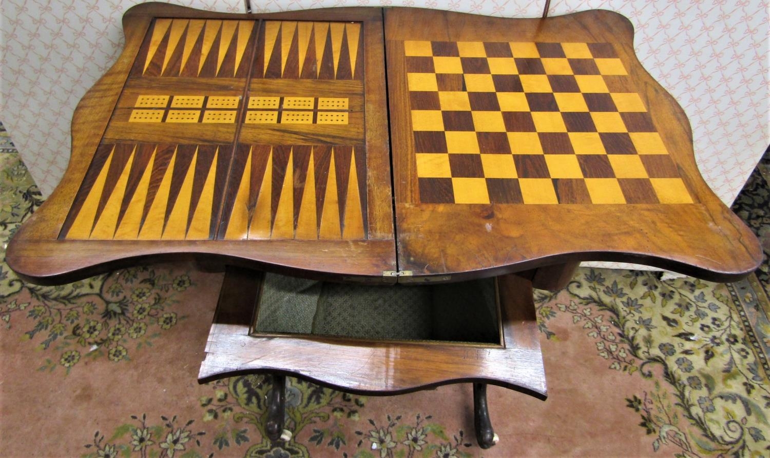 A mid Victorian period walnut and figured walnut ladies sewing/games table, the serpentine front - Image 2 of 3