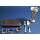 Mixed collection of silver comprising cased silver knife, fork and spoon set, three napkin rings,