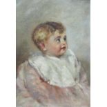 Late 19th century school - Half length study of a baby in a pink dress in white collar, oil on