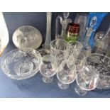 A large collection of various glassware to include decanters, bowls, etc; together with a Chinese