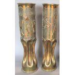 A pair of first World War Trench art shells with embossed detail of Ypres