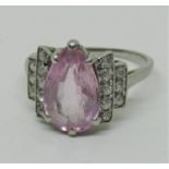 Pear cut pink spinel and diamond ring in white metal, size L, 5g