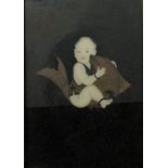 Interesting oriental school - Reverse painting on glass panel of a child riding upon a carp, 53 x