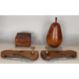 A pair of Indonesian hardwood open sandals with inlaid brass detail, an oak tea caddy in the form