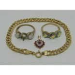 Group of 9ct jewellery comprising a flat curb link bracelet, a diamond and ruby heart pendant and