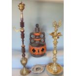 A substantial brass hookah pipe with engraved detail and associated accessories, further Indian