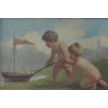 Early 20th century school, a pair of children with a model sailing boat, oil on canvas, no visible
