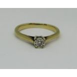 Yellow metal diamond solitaire ring, size I/J, 1.8g