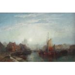 George Gregory (British 1849-1938) - A continental harbour scene, sunrise or sunset, with sailing
