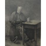 Charles Spencelayh (British 1865-1958) - Exhausted - old man at a table, signed monochrome etching