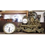 A French spelter figural mantle clock, enamel two train dial flanked by standing female character in